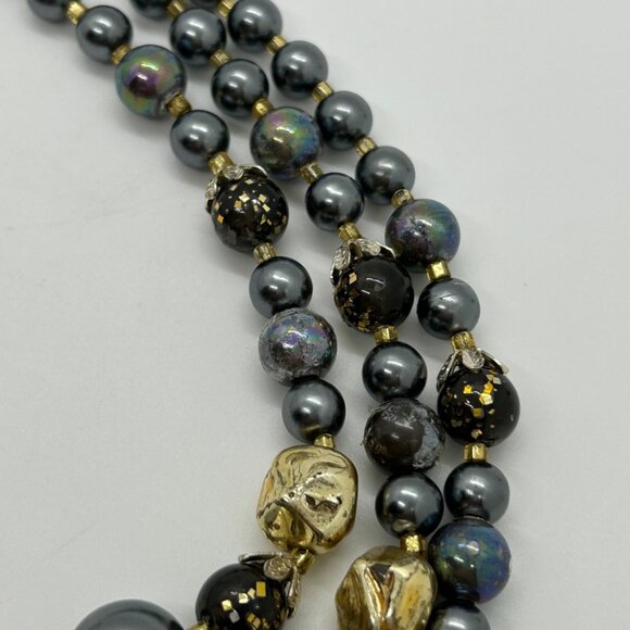 Vintage Three-Strand Gray Gold Iridescent Bead Faux & Pearls Prom Formal - Picture 9 of 16